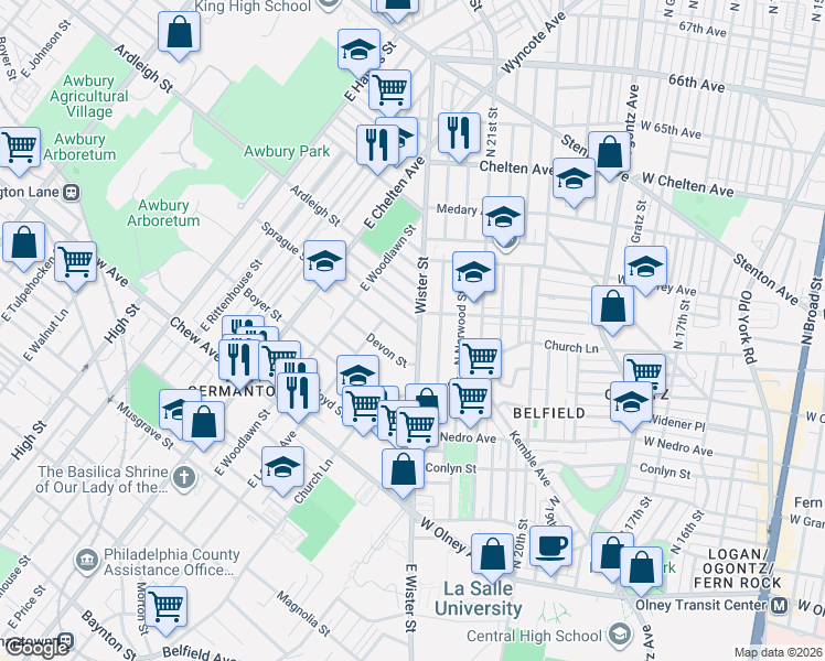 map of restaurants, bars, coffee shops, grocery stores, and more near 5523 Sprague Street in Philadelphia