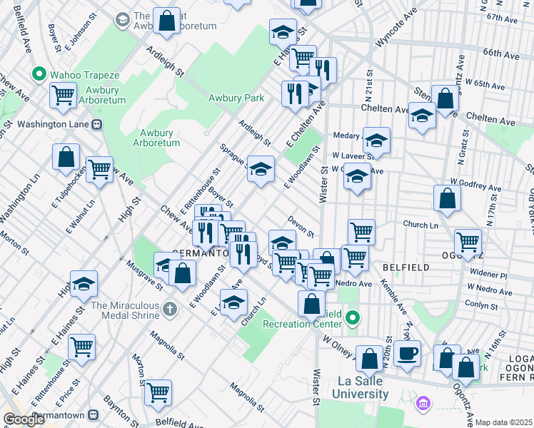 map of restaurants, bars, coffee shops, grocery stores, and more near 5645 Nelson Street in Philadelphia
