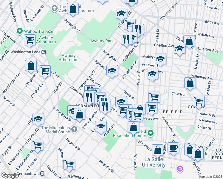 map of restaurants, bars, coffee shops, grocery stores, and more near 919 E Woodlawn Ave in Philadelphia