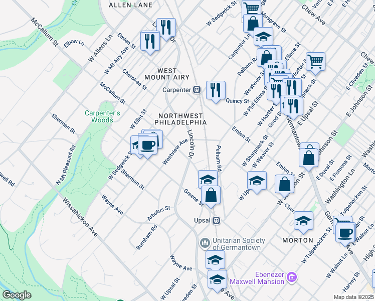 map of restaurants, bars, coffee shops, grocery stores, and more near 6704 Lincoln Drive in Philadelphia