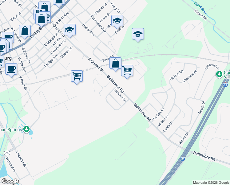 map of restaurants, bars, coffee shops, grocery stores, and more near 302 Harvest Lane in Shippensburg