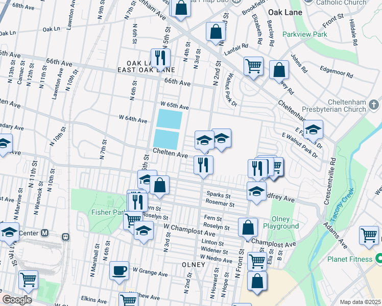 map of restaurants, bars, coffee shops, grocery stores, and more near 239 West Chelten Avenue in Philadelphia