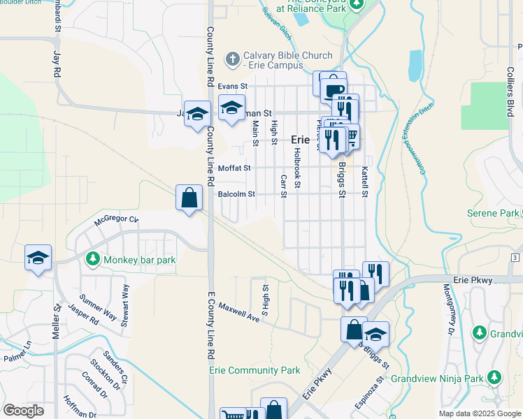 map of restaurants, bars, coffee shops, grocery stores, and more near 345 Main Street in Erie