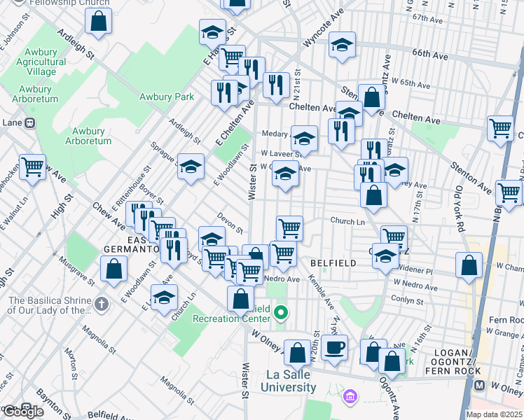 map of restaurants, bars, coffee shops, grocery stores, and more near 6070 North Beechwood Street in Philadelphia