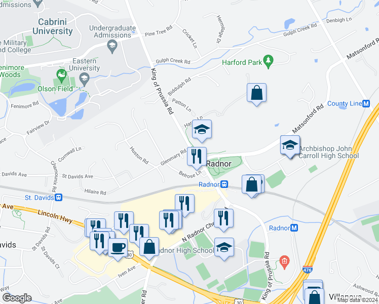 map of restaurants, bars, coffee shops, grocery stores, and more near 344 King of Prussia Road in Wayne