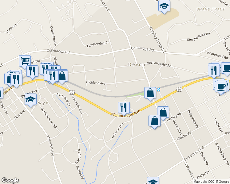 map of restaurants, bars, coffee shops, grocery stores, and more near 309 Dundee Place in Devon