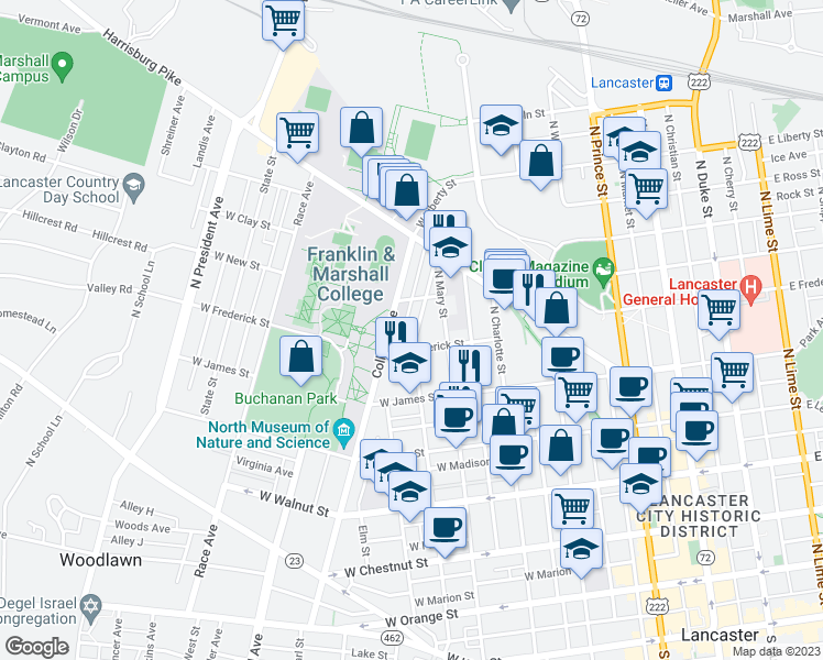map of restaurants, bars, coffee shops, grocery stores, and more near 620 North Pine Street in Lancaster