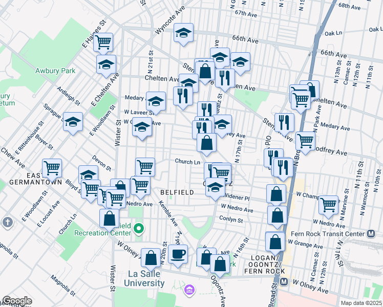 map of restaurants, bars, coffee shops, grocery stores, and more near 1920 West Spencer Avenue in Philadelphia