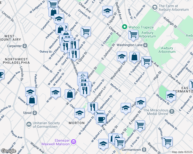 map of restaurants, bars, coffee shops, grocery stores, and more near 169 East Duval Street in Philadelphia