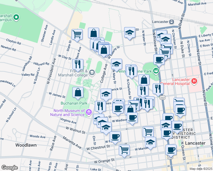 map of restaurants, bars, coffee shops, grocery stores, and more near 620 North Pine Street in Lancaster