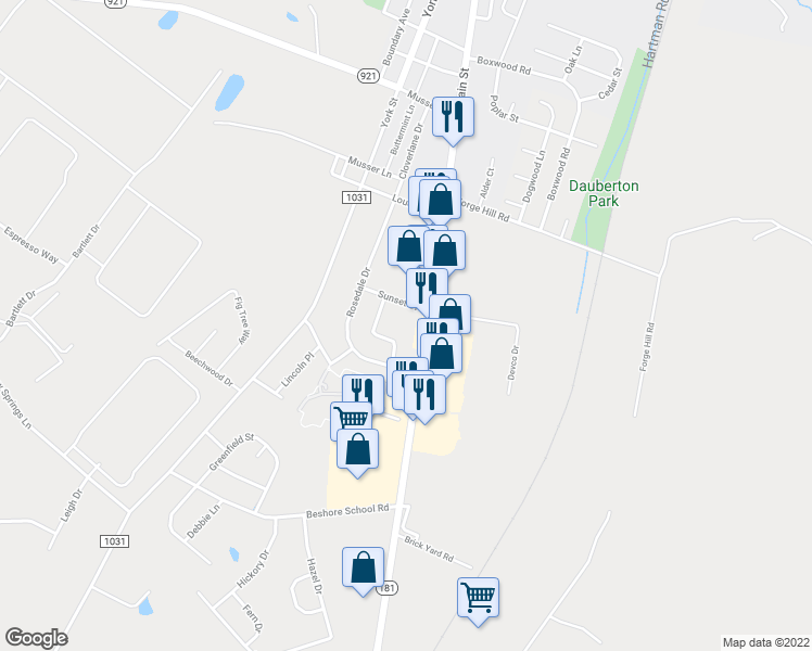 map of restaurants, bars, coffee shops, grocery stores, and more near 55 Cottage Drive in Manchester