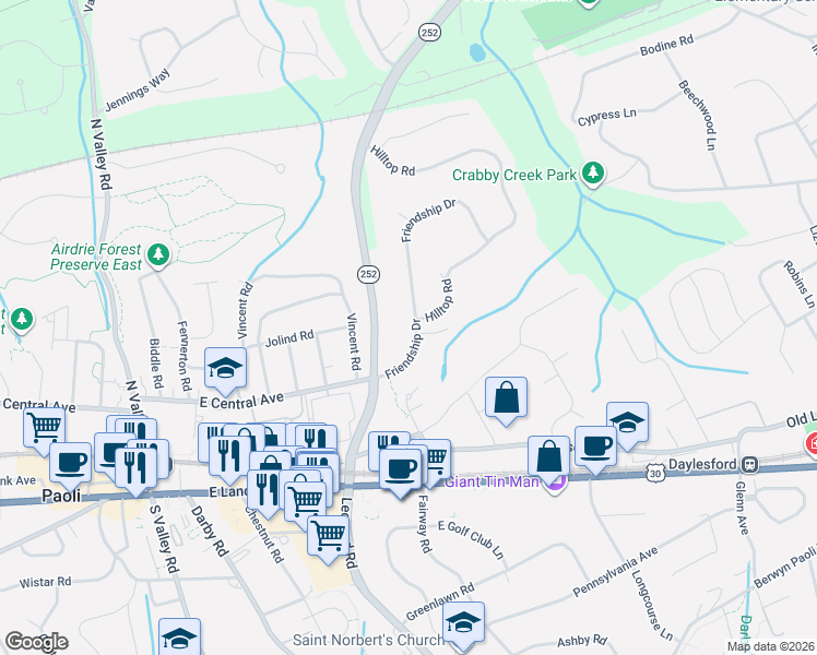 map of restaurants, bars, coffee shops, grocery stores, and more near 292 Friendship Drive in Paoli