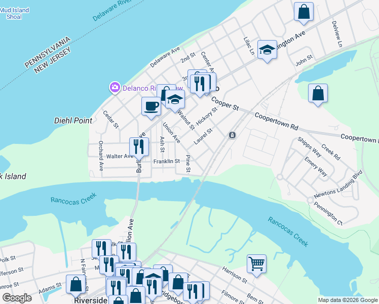 map of restaurants, bars, coffee shops, grocery stores, and more near 610 Union Avenue in Delanco
