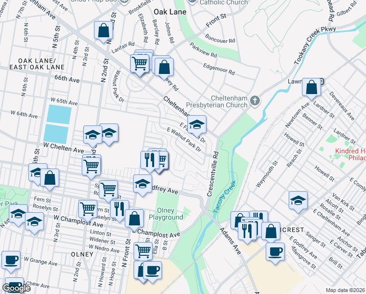 map of restaurants, bars, coffee shops, grocery stores, and more near 219 East Claremont Road in Philadelphia