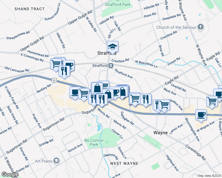map of restaurants, bars, coffee shops, grocery stores, and more near 35 Old Eagle School Road in Wayne