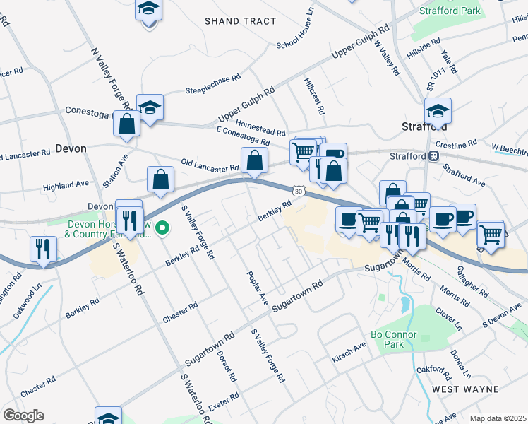 map of restaurants, bars, coffee shops, grocery stores, and more near 43 Berkley Road in Devon