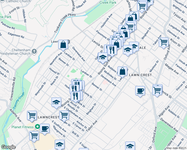 map of restaurants, bars, coffee shops, grocery stores, and more near 6137 Argyle Street in Philadelphia
