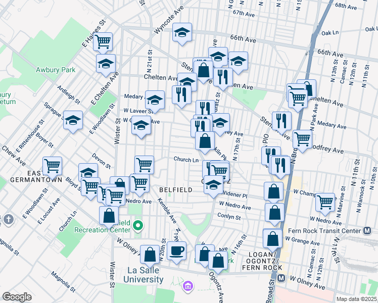 map of restaurants, bars, coffee shops, grocery stores, and more near 1924 West Spencer Avenue in Philadelphia