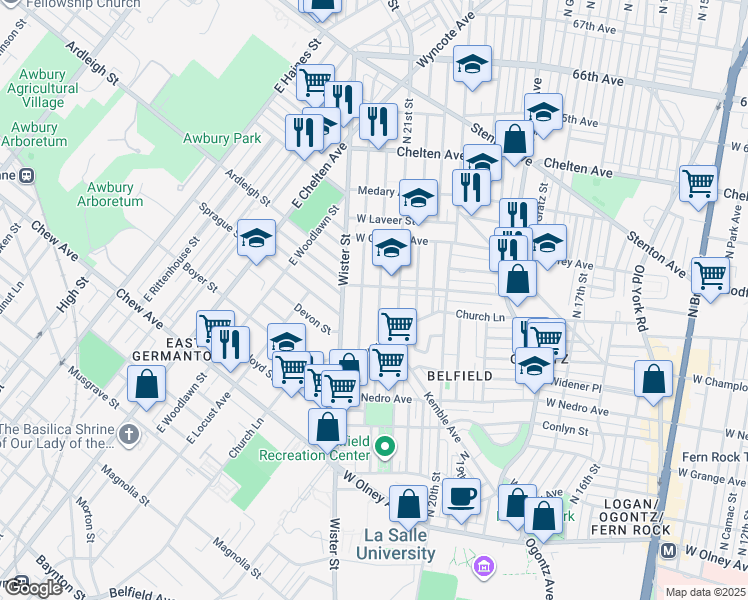 map of restaurants, bars, coffee shops, grocery stores, and more near 6052 North 21st Street in Philadelphia