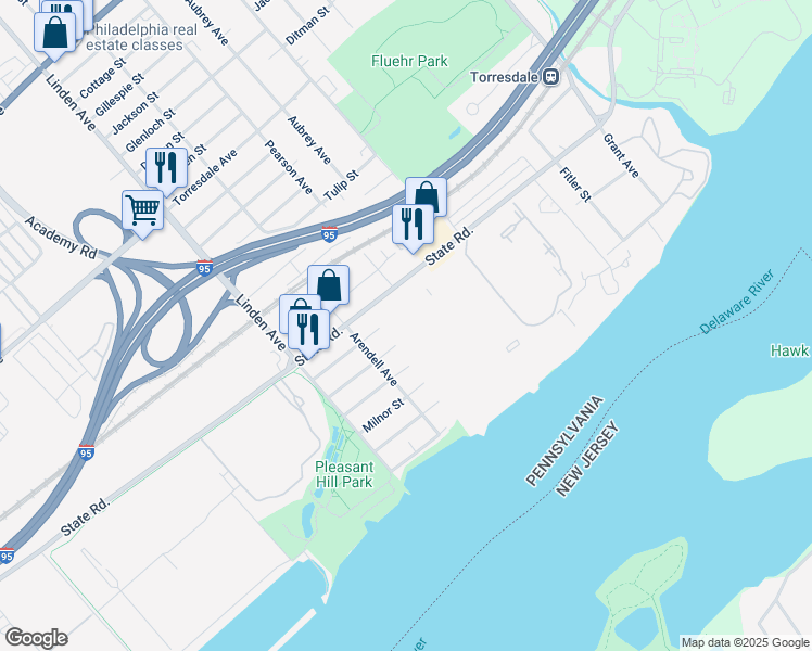 map of restaurants, bars, coffee shops, grocery stores, and more near 61002 Delaire Landing Road in Philadelphia