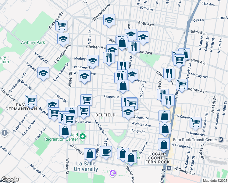 map of restaurants, bars, coffee shops, grocery stores, and more near 1920 West Spencer Avenue in Philadelphia