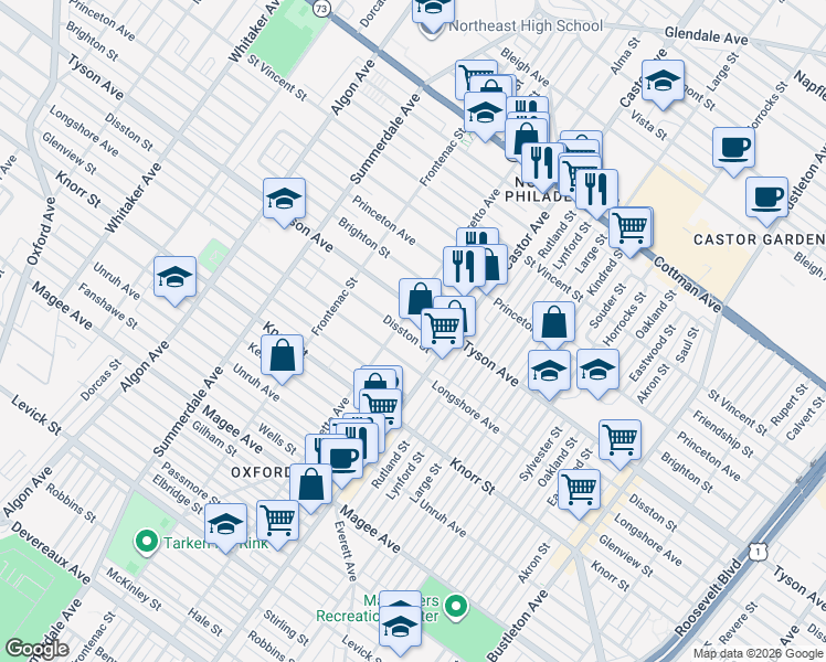 map of restaurants, bars, coffee shops, grocery stores, and more near 1409 Disston Street in Philadelphia