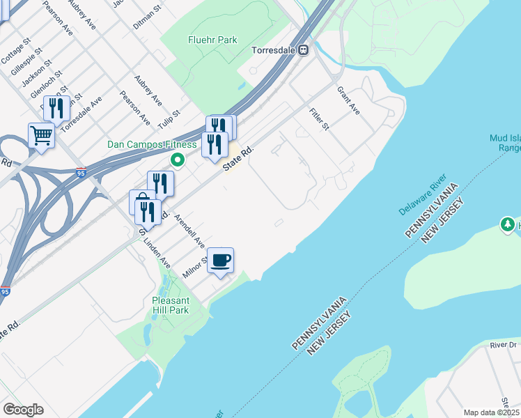 map of restaurants, bars, coffee shops, grocery stores, and more near 7203 Delaire Landing Road in Philadelphia