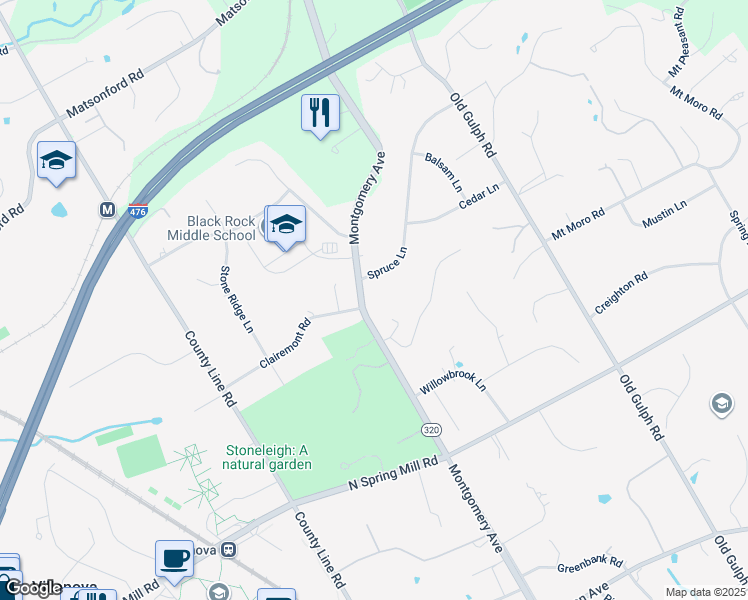 map of restaurants, bars, coffee shops, grocery stores, and more near 1833 Montgomery Avenue in Villanova