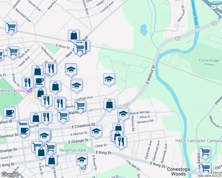 map of restaurants, bars, coffee shops, grocery stores, and more near 1001 Lehigh Avenue in Lancaster
