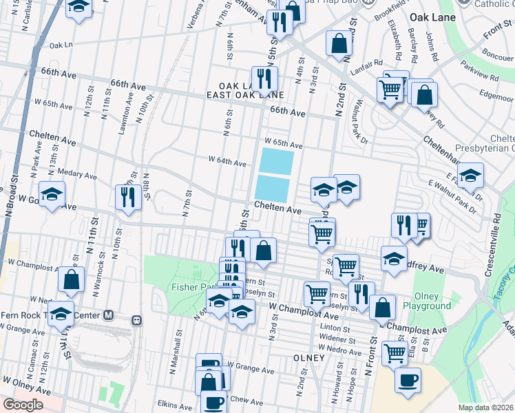 map of restaurants, bars, coffee shops, grocery stores, and more near 6266 North Lawrence Street in Philadelphia