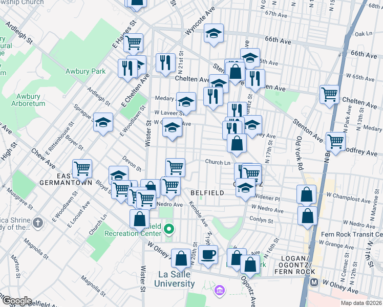 map of restaurants, bars, coffee shops, grocery stores, and more near 6022 North Woodstock Street in Philadelphia
