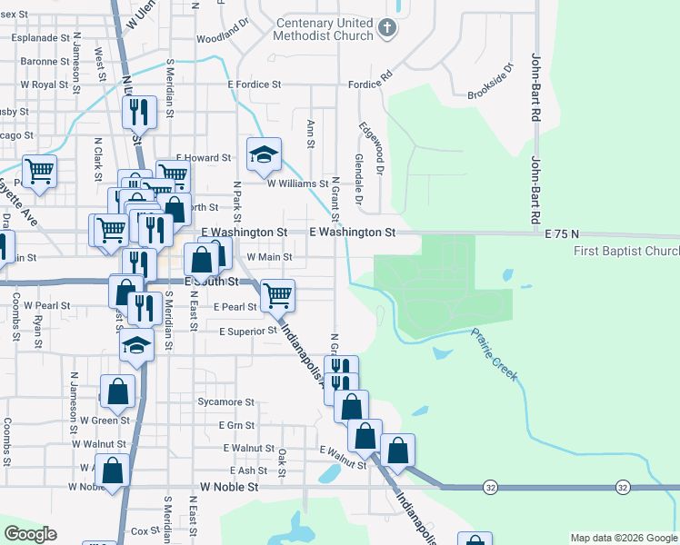 map of restaurants, bars, coffee shops, grocery stores, and more near 111 South Grant Street in Lebanon