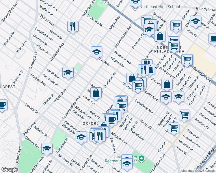 map of restaurants, bars, coffee shops, grocery stores, and more near 1305 Glenview Street in Philadelphia