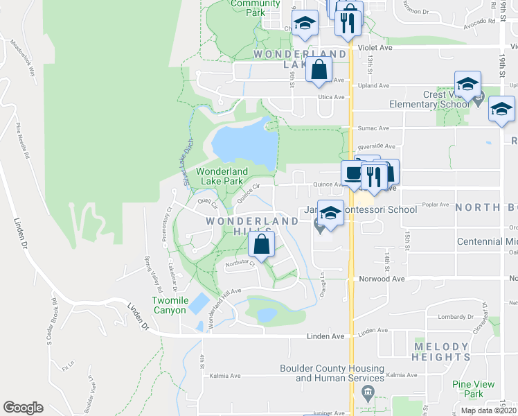 map of restaurants, bars, coffee shops, grocery stores, and more near 717 Poplar Avenue in Boulder