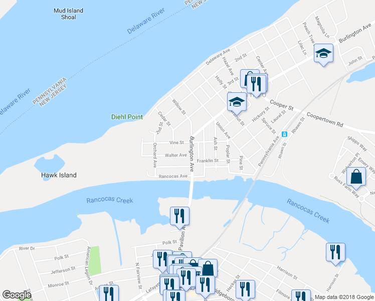 map of restaurants, bars, coffee shops, grocery stores, and more near 403 Burlington Avenue in Delanco