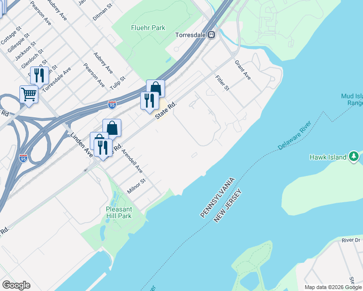 map of restaurants, bars, coffee shops, grocery stores, and more near 7203 Delaire Landing Road in Philadelphia