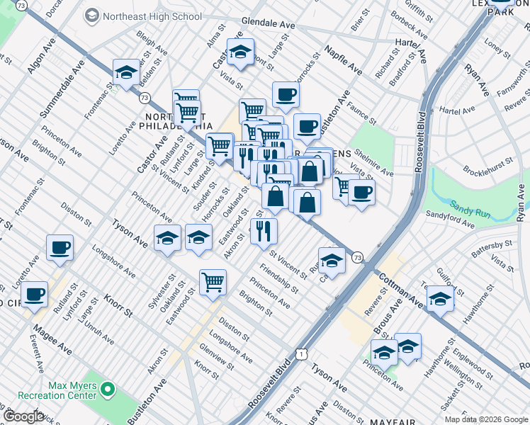 map of restaurants, bars, coffee shops, grocery stores, and more near in Philadelphia