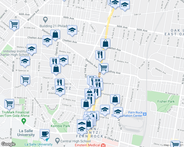 map of restaurants, bars, coffee shops, grocery stores, and more near 1425 West Sparks Street in Philadelphia