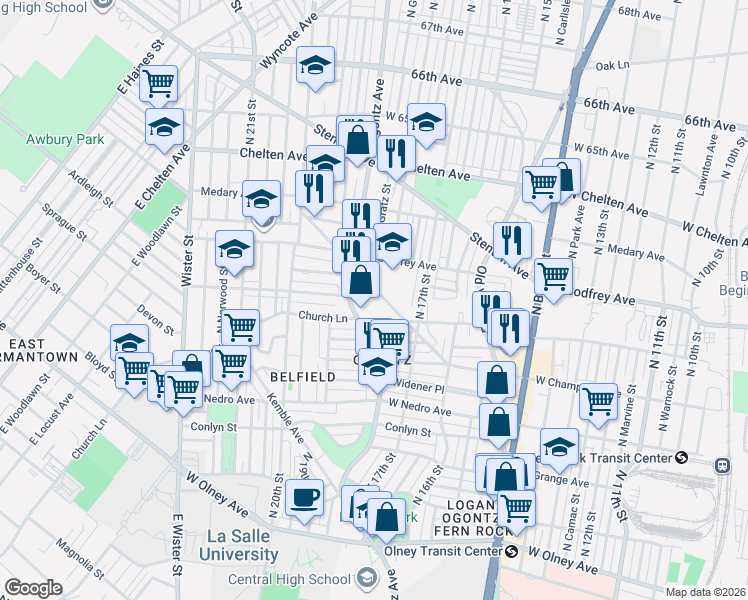 map of restaurants, bars, coffee shops, grocery stores, and more near 6158 Limekiln Pike in Philadelphia