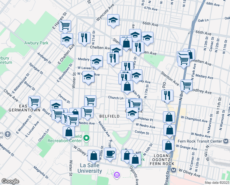 map of restaurants, bars, coffee shops, grocery stores, and more near 1936 West Spencer Avenue in Philadelphia