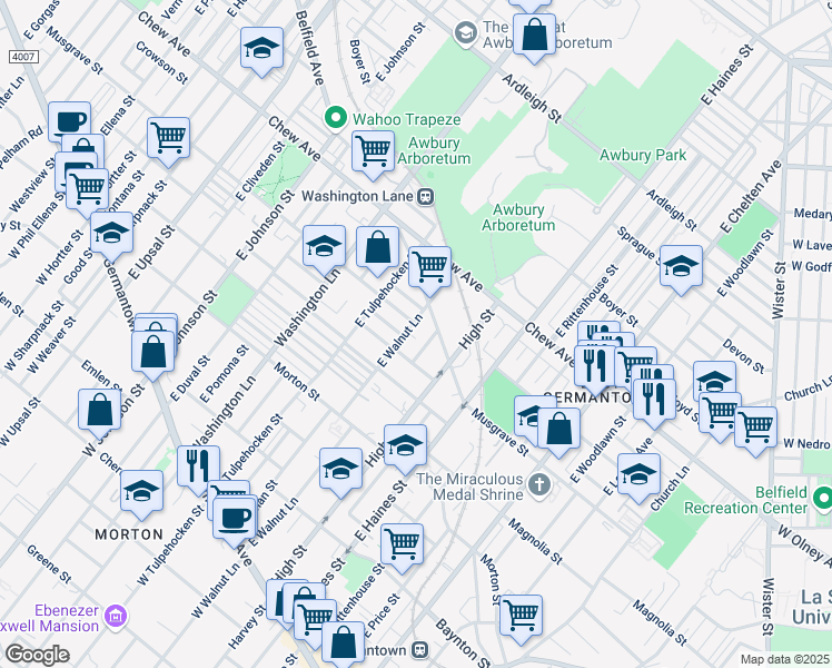 map of restaurants, bars, coffee shops, grocery stores, and more near 447 East Walnut Lane in Philadelphia