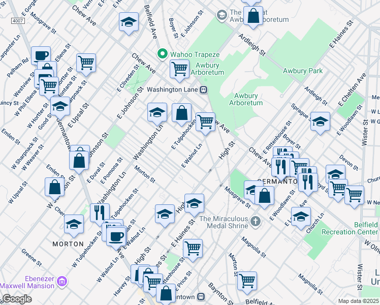 map of restaurants, bars, coffee shops, grocery stores, and more near 447 East Walnut Lane in Philadelphia