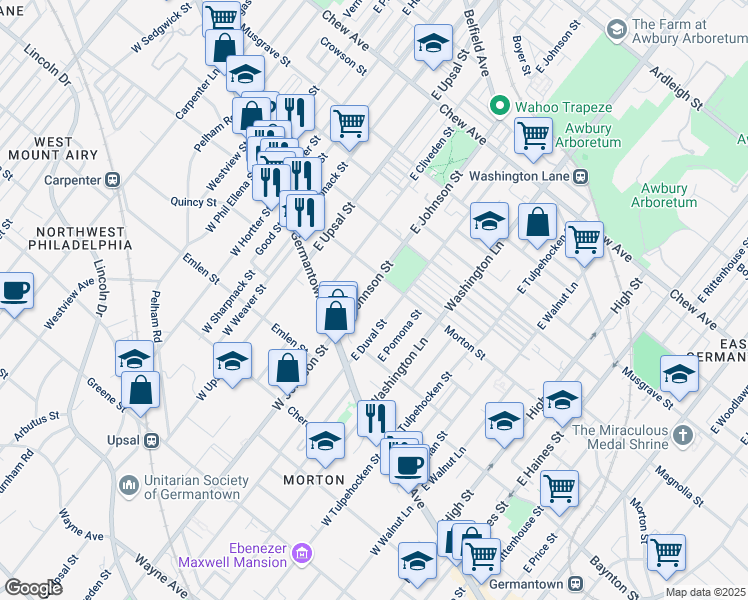 map of restaurants, bars, coffee shops, grocery stores, and more near 169 East Duval Street in Philadelphia