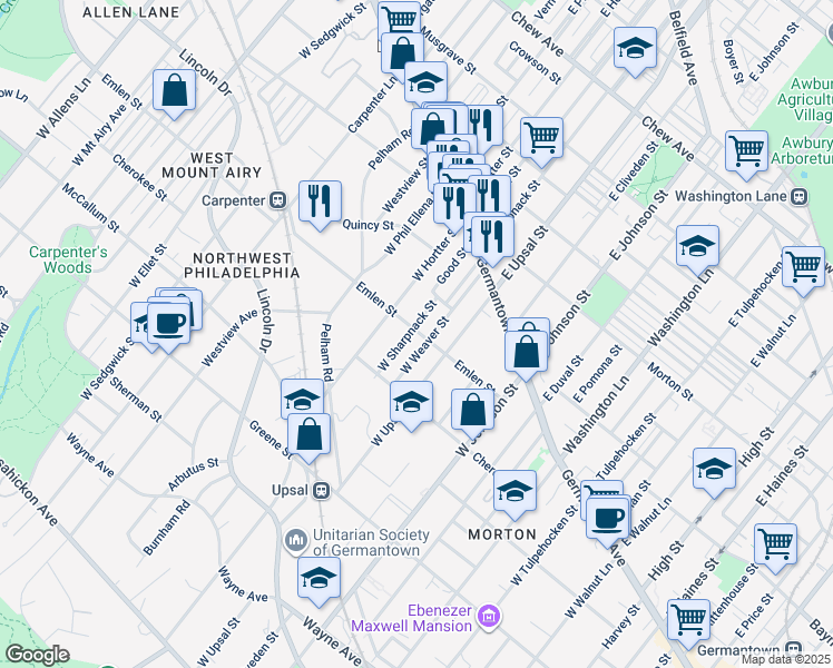 map of restaurants, bars, coffee shops, grocery stores, and more near 117 West Weaver Street in Philadelphia