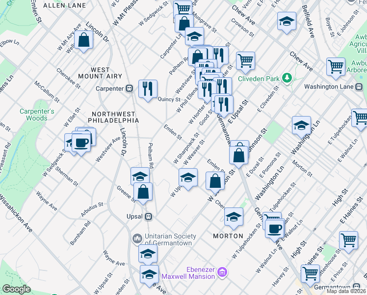 map of restaurants, bars, coffee shops, grocery stores, and more near 222 West Hortter Street in Philadelphia