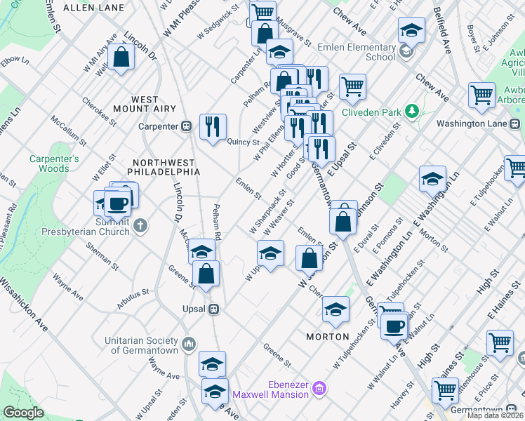 map of restaurants, bars, coffee shops, grocery stores, and more near 222 West Hortter Street in Philadelphia