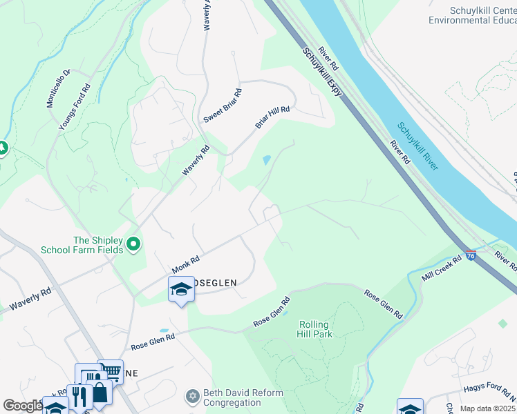 map of restaurants, bars, coffee shops, grocery stores, and more near 1500 Monk Road in Gladwyne