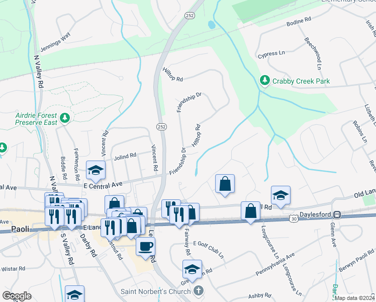 map of restaurants, bars, coffee shops, grocery stores, and more near 292 Friendship Drive in Paoli