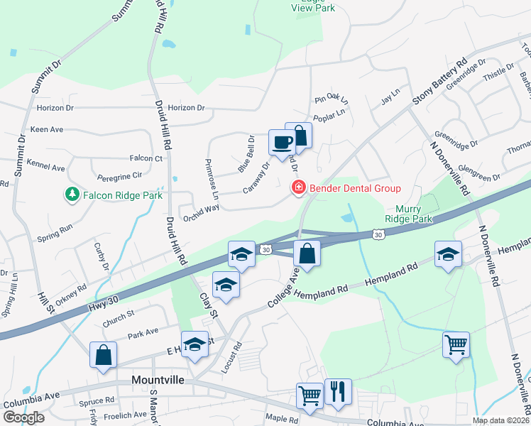 map of restaurants, bars, coffee shops, grocery stores, and more near 320 Primrose Lane in Mountville