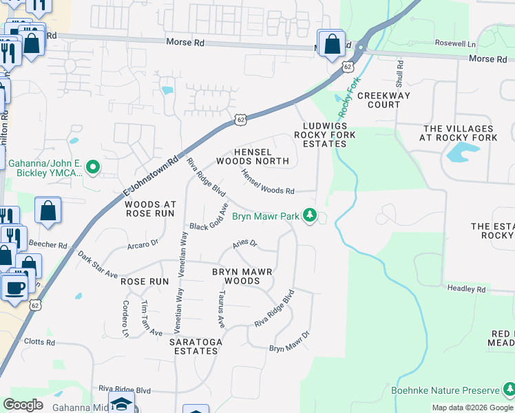 map of restaurants, bars, coffee shops, grocery stores, and more near 1114 Riva Ridge Boulevard in Gahanna
